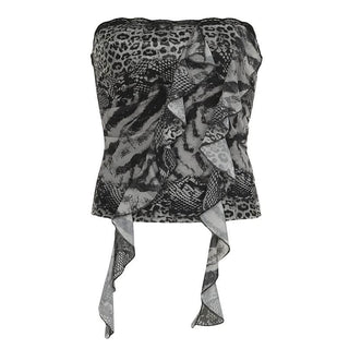 Leopard print ruffle lace hem tube top