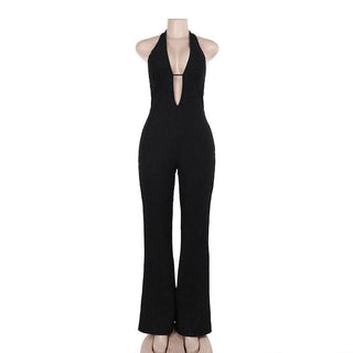 Halter self tie deep V neck lace backless jumpsuit