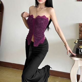 Lace hem slit backless solid tube top