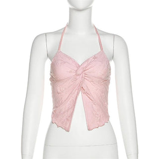 Halter self tie v neck textured knotted slit crop top