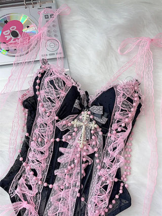 Lace beaded bowknot self tie cami top