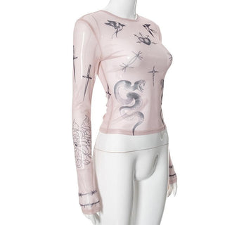Long sleeve angel print sheer mesh crewneck top