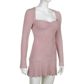 Ribbed solid long sleeve ruffle shrug tube mini dress