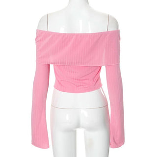 Irregular off shoulder bowknot ribbon long sleeve top