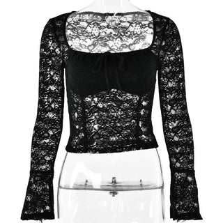 Long flared sleeve square neck lace self tie top