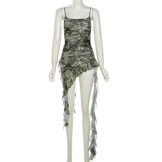 Camouflage ruffle irregular ruched cami top