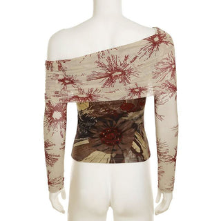 Off shoulder long sleeve mesh contrast top