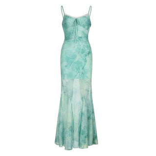 Lace hem print mesh knotted ruched cami maxi dress
