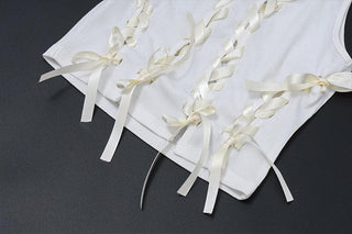 Sleeveless round neck lace up hollow out ribbed crop cut out top