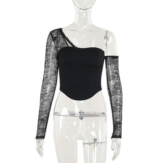 One shoulder long sleeve patchwork lace top