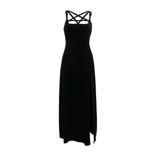 Velvet high slit pentacle pattern buckle cami maxi dress