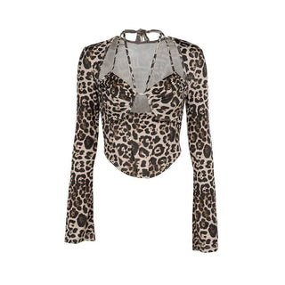 Leopard print halter long sleeve hollow out cut out top