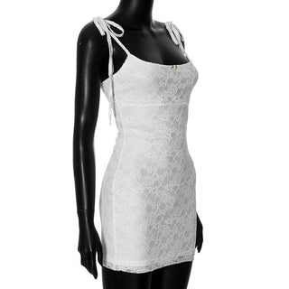 U neck lace self tie flower applique cami mini dress
