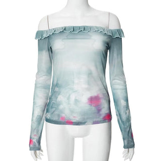 Long sleeve off shoulder tie dye ruffle sheer mesh top