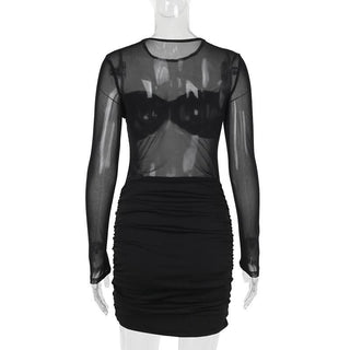 Long sleeve mesh patchwork ruched mini dress