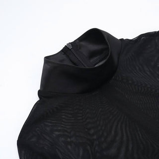 Long sleeve high neck zip-up mesh patchwork mini dress