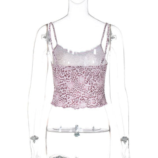 Print lace hem u neck backless cami top