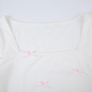 Bowknot square neck long sleeve contrast top