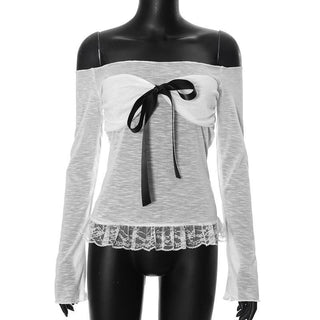 Off shoulder bowknot lace hem mesh long sleeve top