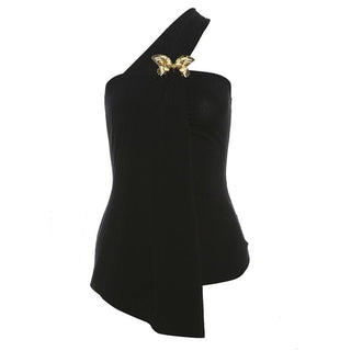 One shoulder chiffon butterfly applique irregular top
