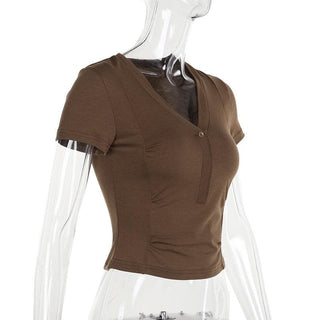Short sleeve v neck button solid top