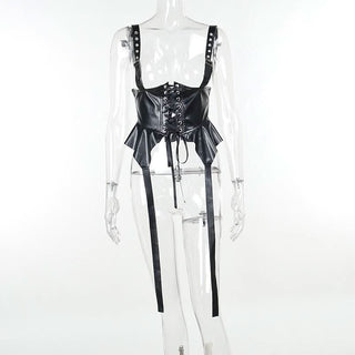 Pu leather lace up ruffle buckle cami top