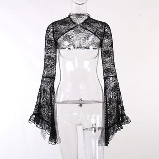 Solid flared sleeve lace hem button hollow out shrug cut out top