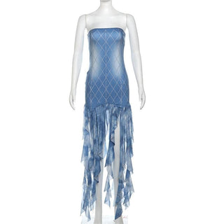 Plaid print tassels backless contrast tube mini dress