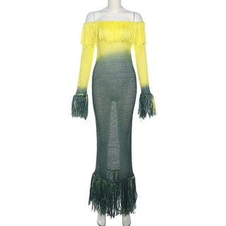 Crochet tassels off shoulder contrast long sleeve maxi dress-final-sale