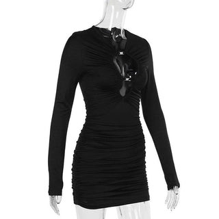 Long sleeve ruched buckle hollow out cut out mini dress
