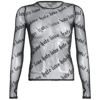 Sheer mesh "hate love" print see through solid long sleeve gloves top