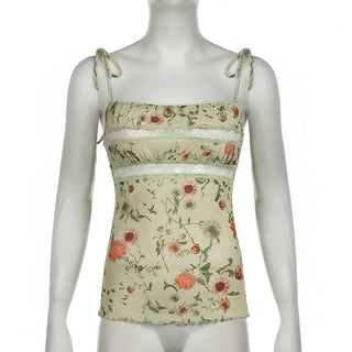 Lace hem flower print ruffle cami top