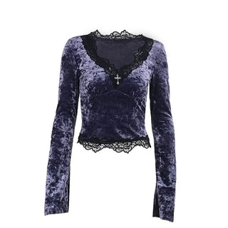 Long sleeve lace hem velvet v neck contrast top