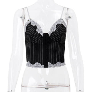 Striped lace hem stitch lace up cami top