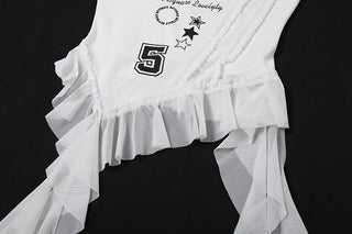 Ribbed â€œBEYWADâ€ print patchwork ruffle tube top