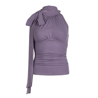 Sleeveless high neck knotted ruched top