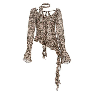 Long flared sleeve irregular leopard print v neck top