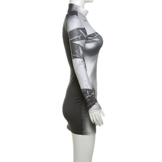 Long sleeve body print high neck mini dress