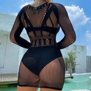 Long sleeve round neck net mini dress