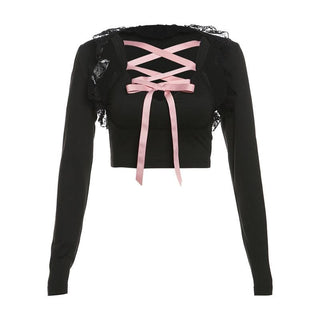 Long sleeve lace hem lace up shrug 2 piece top