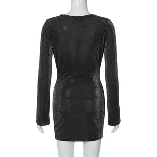 Long sleeve cowl neck ruched glitter solid mini dress