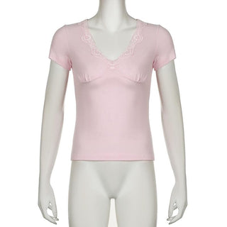 Short sleeve v neck ruched lace hem top