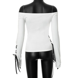 Hollow out long sleeve off shoulder self tie cut out top