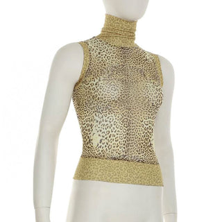 High neck leopard print mesh sleeveless top