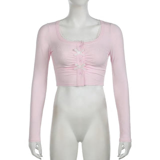 Long sleeve bowknot button crop top