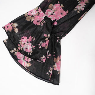 Long flared sleeve cowl neck ruffle flower print sheer mesh mini dress