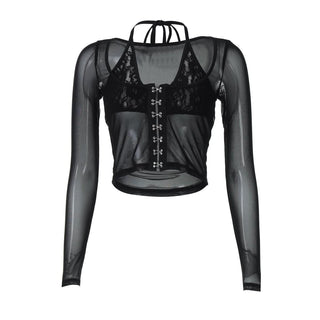 Halter long sleeve mesh lace hem button top