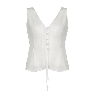V neck button lace hem solid tank top