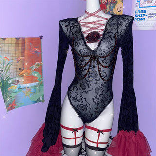 Long flared sleeve v neck see through flower applique bodysuit