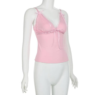 Ribbon bowknot lace hem v neck cami top